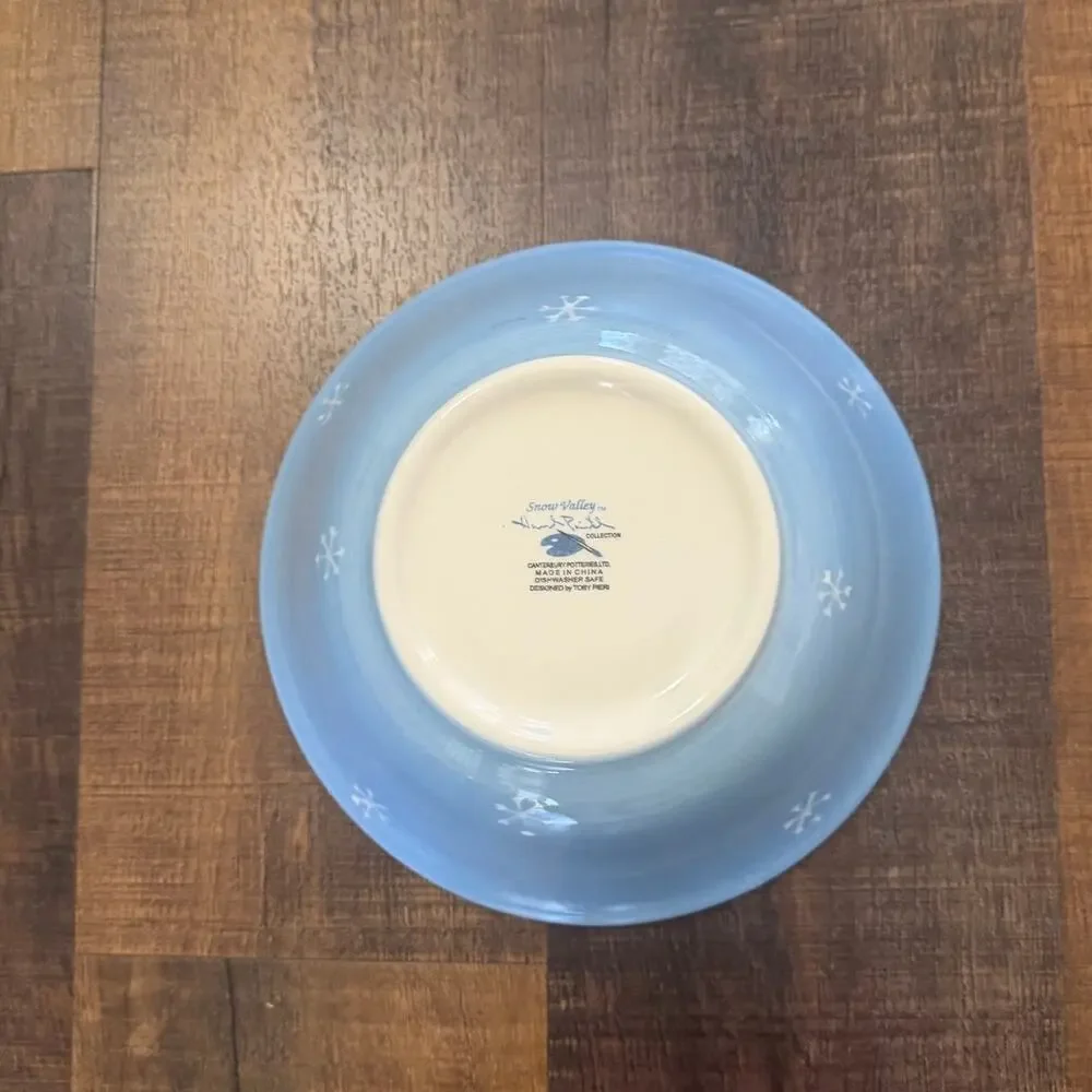 Hidden Valley Snow Valley Snowman Serving Bowl Blue White Winter Pottery